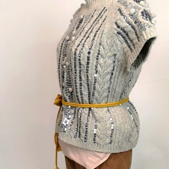 Y2k Vintage Light Grey Pewter Sequins Cable Knit Cap Sleeve Pullover Sweater - Picture 9 of 14